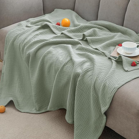 PHF 100% Cotton Muslin Blanket Queen Size 90" x 90", 4-Layer Lightweight and Breathable Blanket for Summer, Luxuriously Soft Gauze Bedding for Bed, Natural Minimalism Style, Ideal Gift, Sage Green