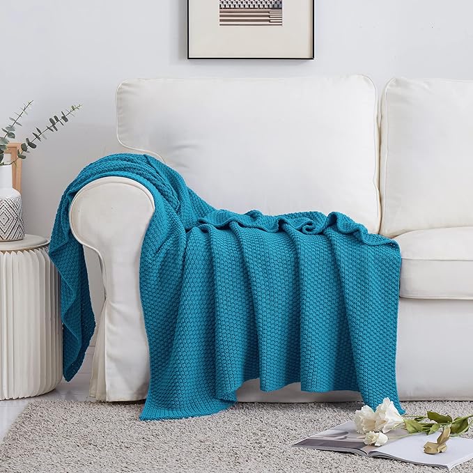 Longhui bedding Teal Knitted Throw Blanket for Couch, Soft, Cozy Machine Washable 100% Cotton Sofa Knit Blankets, Heavy 4.0lb Weight, 60 x 80 Inches, Teal Color.