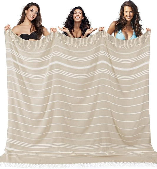 Giant Huge Thin Boho Throw Blanket Turkish Beach Blanket Towel Jumbo Extra Large Xl XXl Big Oversized Outdoor Picnic Accessories Airplane Travel Essentials Camping Gears Must Haves Yard Yoga Mat Beige
