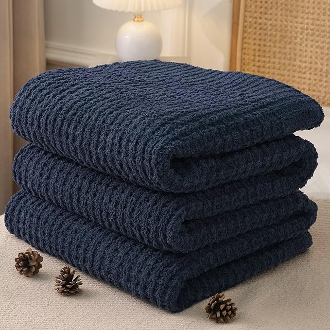 PHF Chenille Waffle Knit Blanket Twin Size- Plush Warm & Cozy 60" x 80" Ultra Soft Blanket- Chunky Fluffy Waffle Bedding for Home Decor - Navy Blue