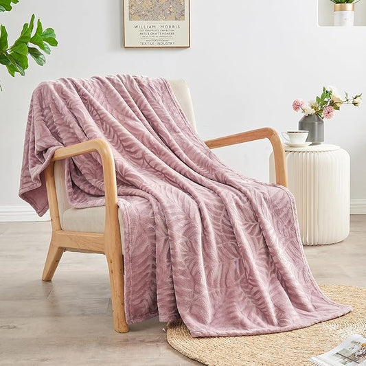 SOCHOW Super Soft Flannel Fleece Throw Blanket for Women, Lightweight Cozy Warm Leaves Textured Plush Blanket for Bed Couch Sofa, 50 x 60 Inches, Dusty Rose
