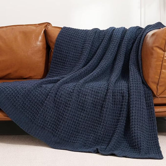 PHF Chenille Waffle Knit Blanket Twin Size- Plush Warm & Cozy 60" x 80" Ultra Soft Blanket- Chunky Fluffy Waffle Bedding for Home Decor - Navy Blue