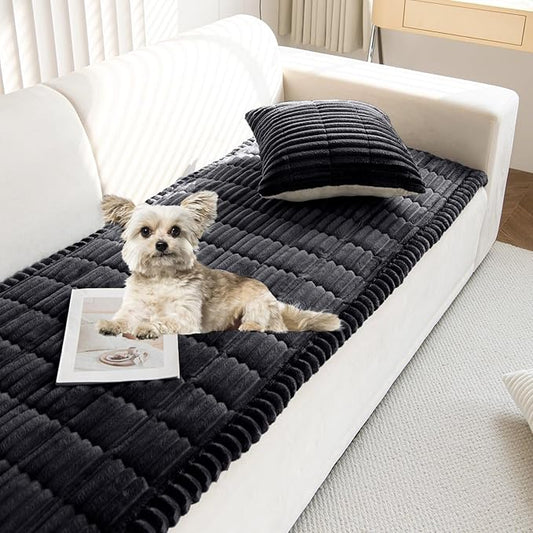 Faux Fur Plush Dog Couch Cover 3D Stripe Fuzzy Sofa Cover Non-Slip Fluffy Dog Bed Cover Pet Blanket Sofa Couch Furniture Protector for Puppy Large Dog Cat (Black,28"x28")