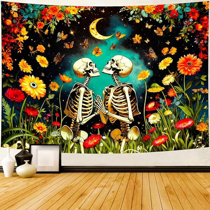 Delur Floral Skeleton Lovers Tapestry Gothic Romantic Skull Vintage Flower Plant Tapestry Wall Hanging Abstract Mushroom Moon Garden Headboard for Bedroom Living Room Home Decor (70.8" x 92.5")