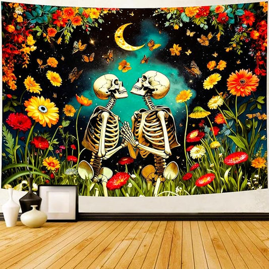 Delur Floral Skeleton Lovers Tapestry Gothic Romantic Skull Vintage Flower Plant Tapestry Wall Hanging Abstract Mushroom Moon Garden Headboard for Bedroom Living Room Home Decor (70.8" x 92.5")