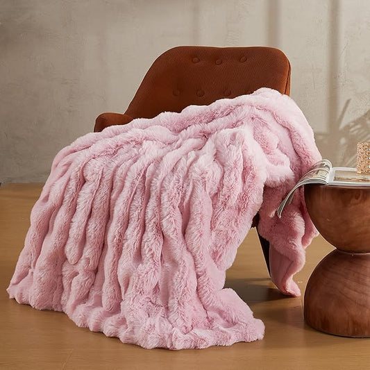 JELLYMONI Faux Fur Throw Blanket, Pink Cozy Plush Bubble Bed Blanket, Thick and Warm, 50" X 60"
