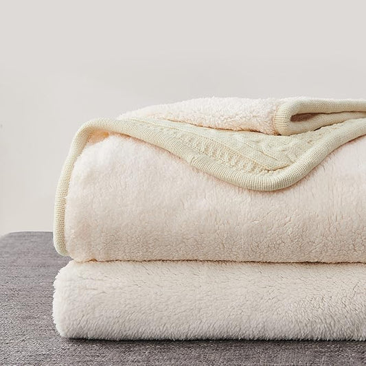Longhui bedding Cream 50 x 63 Inches Acrylic Cable Knit Sherpa Throw Blanket - Thick, Soft, Big, Cozy Beige Knitted Fleece Blankets for Couch, Sofa, Bed - Large Coverlet All Season