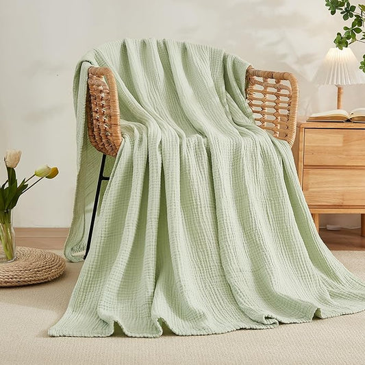 EMME Cotton Throw Blanket - 100% Muslin Soft, Breathable Gauze, All Season, Pre-Washed (Mint Green, 55"x75")
