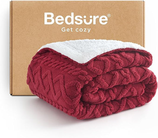 Bedsure Sherpa Fleece Blanket Twin Size for Bed - Fuzzy Soft Cozy Cable Throw for Couch, Thick Warm Blankets for Winter, Red, 60x80 Inches