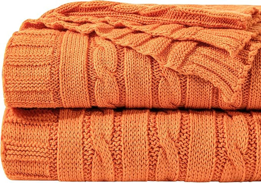 NTBAY 100% Pure Cotton Cable Knit Throw Blanket, Super Soft Warm 51x67 Knitted Throw Blanket for Couch, Sofa, Chair, Bed - Extra Cozy, Machine Washable, Comfortable Home Decor, Orange