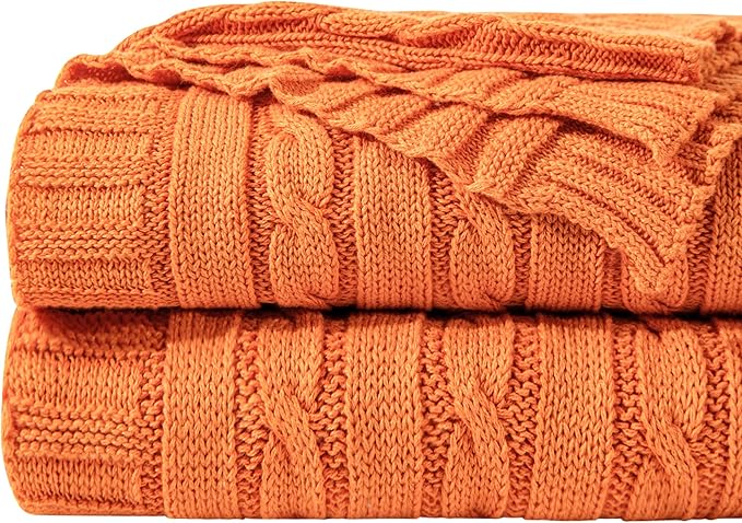 NTBAY 100% Pure Cotton Oversize (60x80) Cable Knit Throw Blanket, Super Soft Warm Knitted Throw Blanket for Bed, Sofa, Chair, Couch - Extra Cozy, Machine Washable, Comfortable Home Decor, Orange