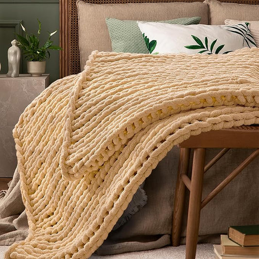 Oatmeal Throw Blanket, 40" x 50" Chunky Knit Blanket, Handmade Warm & Soft Chenille Throw Blanket, Washable Decorative Knit Blanket with Jumbo Chenille Yarn for Couch Bed Sofa