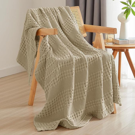 PHF 100% Cotton Waffle Weave Throw Blanket, Soft Lightweight Breathable Cozy Summer Throws for Couch Bed Sofa, Luxury Aesthetic Woven Blanket for Home Decor & Office, 50"x60", Khaki