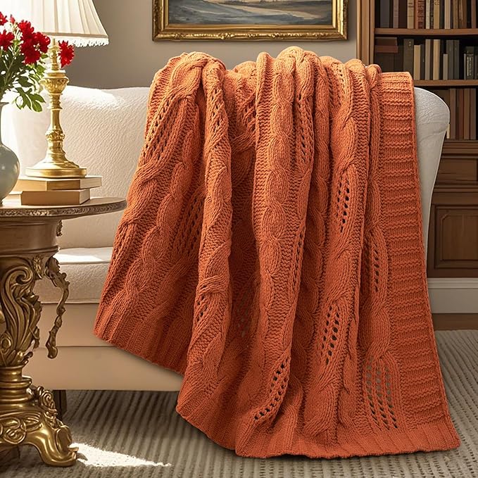 Amélie Home Chunky Knit Chenille Throw Blanket, Breathable Cable Knitted Blanket for Couch, Farmhouse Decorative Throw for Sofa Chair Bed, 60"x80", Burnt Orange