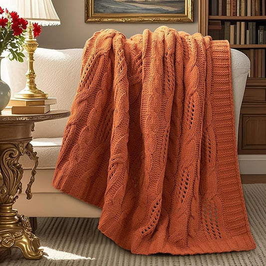 Amélie Home Chunky Knit Chenille Throw Blanket, Breathable Cable Knitted Blanket for Couch, Farmhouse Decorative Throw for Sofa Chair Bed, 60"x80", Burnt Orange
