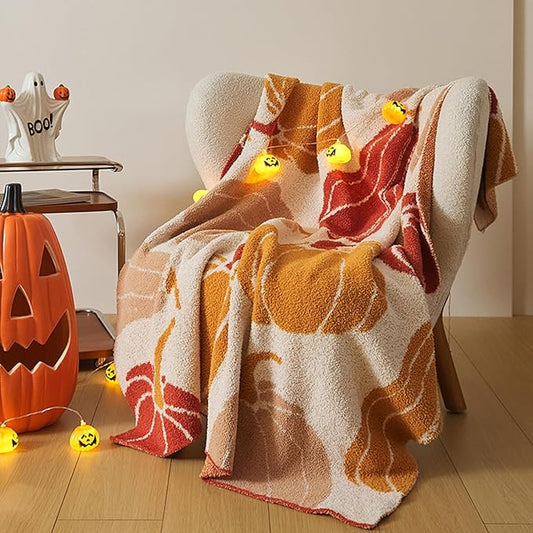 Pumpkin Throw Blanket for Couch 50x70 Fall Halloween Blankets, Soft Cozy Reversible Textured Fleece Fluffy Blanket for Bed Sofa Autumn Home Decor