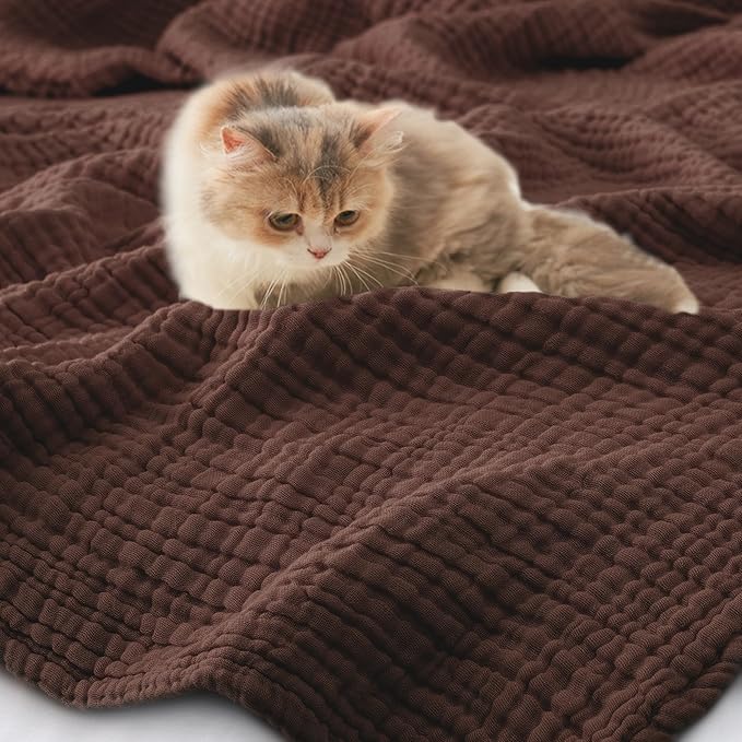 Carriediosa 100% Cotton Muslin Throw Blanket 70" X 80" Twin Size，4-Layers Summer Gauze Throws for Bed Couch，Soft Lightweight Breathable Linen Blankets Bedspread for Adults All Season，Dark Brown