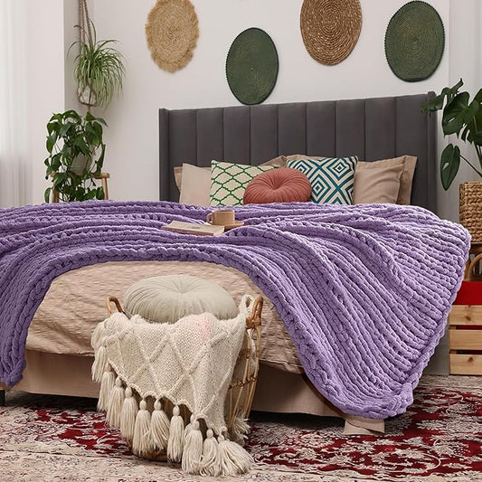 Light Purple Throw Blanket, 40" x 50" Chunky Knit Blanket, Handmade Warm & Soft Chenille Throw Blanket, Washable Decorative Knit Blanket with Jumbo Chenille Yarn for Couch Bed Sofa