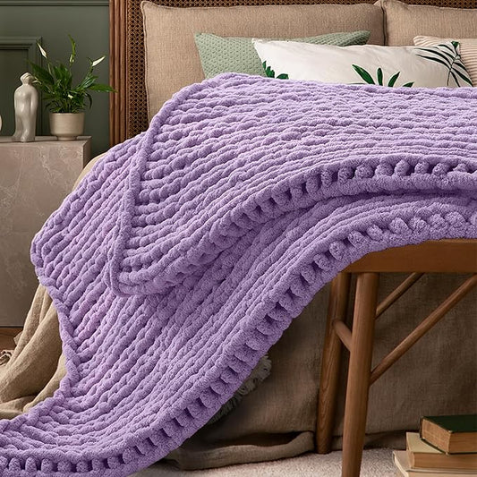 Light Purple Throw Blanket, 40" x 50" Chunky Knit Blanket, Handmade Warm & Soft Chenille Throw Blanket, Washable Decorative Knit Blanket with Jumbo Chenille Yarn for Couch Bed Sofa
