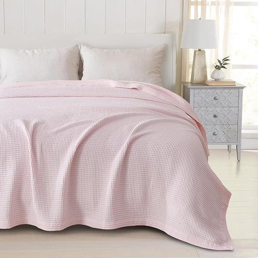 100% Cotton Blanket for King Size Bed - Pink Waffle Weave Lightweight Summer Bed Blanket - 102x90in Prewashed Breathable, Woven, Layering Blanket (King, Blush)