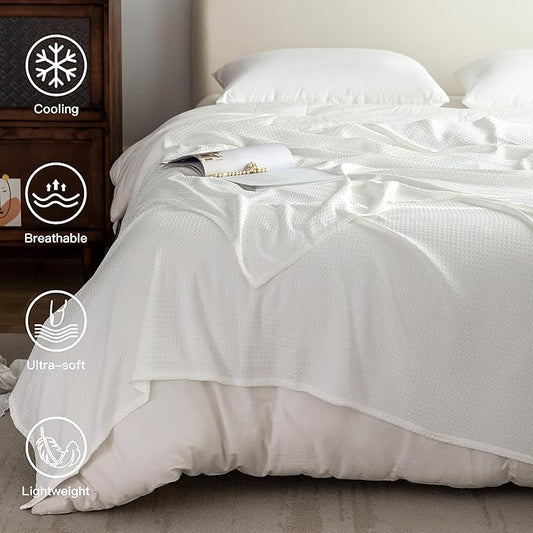 AmyHomie Cooling Blanket Queen Size, 100% Rayon Derived from Bamboo Waffle Blanket, Cool Summer Blanket for Hot Sleepers Soft Comfy Lightweight Blankets for All Seasons(White, 90×90in)