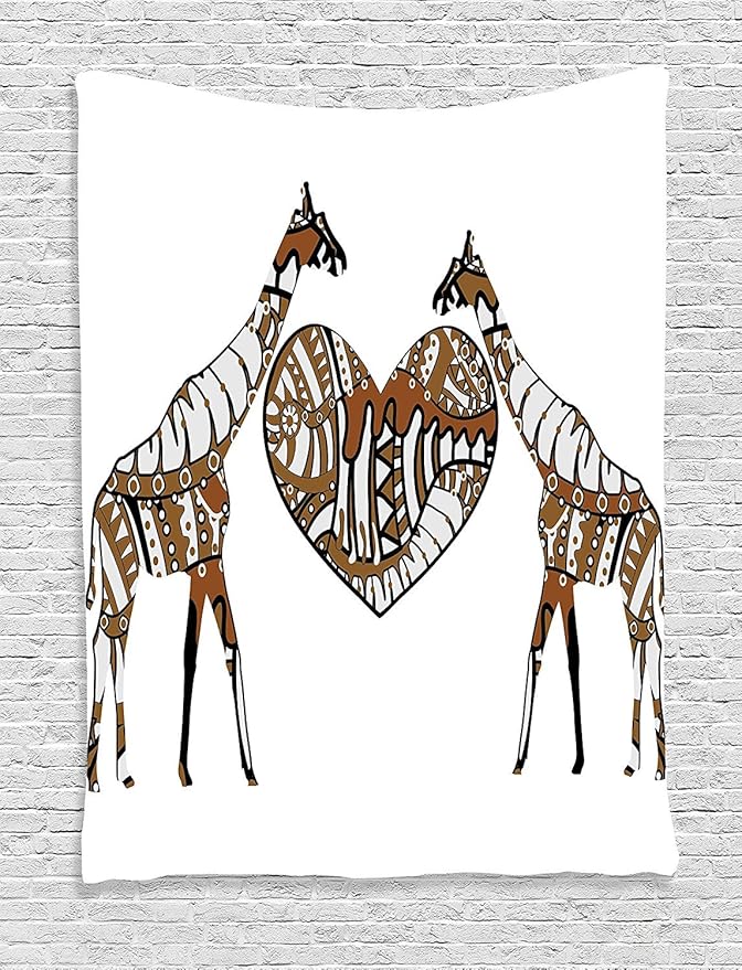 Ambesonne African Tapestry, Soul Mate Giraffes Illustration with a Giant Heart Love in Nature Bohemian Print, Wall Hanging for Bedroom Living Room Dorm Decor, 60" X 80", Brown White