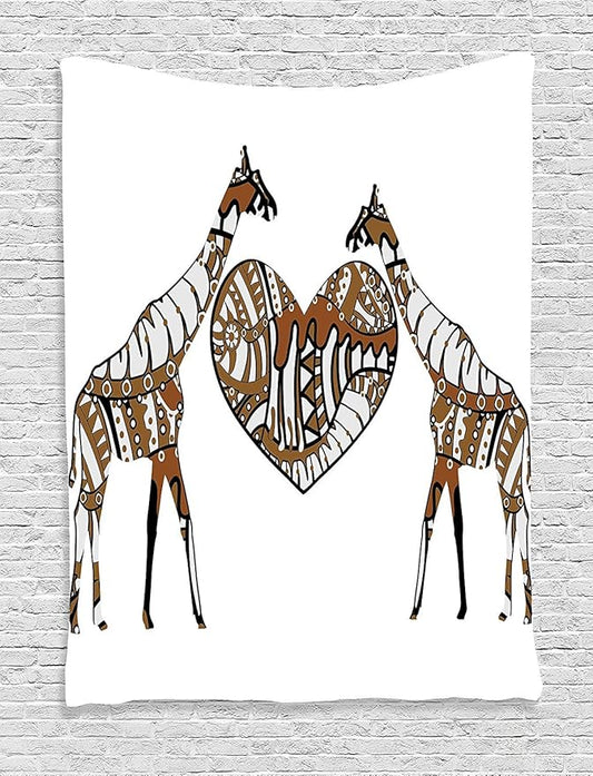 Ambesonne African Tapestry, Soul Mate Giraffes Illustration with a Giant Heart Love in Nature Bohemian Print, Wall Hanging for Bedroom Living Room Dorm Decor, 60" X 80", Brown White