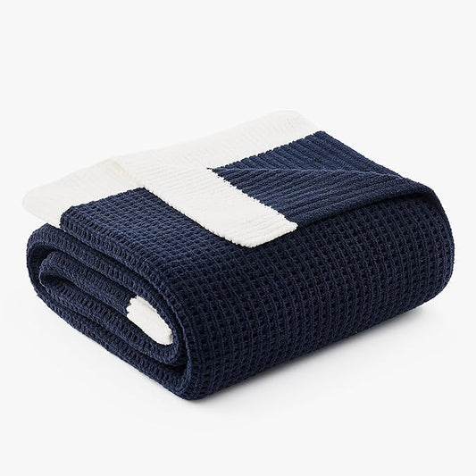 Amélie Home Chenille Waffle Throw Blanket for Couch, Reversible Soft Cozy Knit Blanket Lightweight Warm Decorative Throw for Sofa, Bed, Living Room, 50"x60", Navy Blue