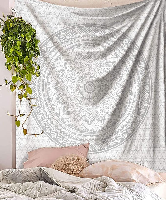raajsee Glittering Silver Grey Tapestry Wall Hanging Mandala-Bohemian Room Decor-Indian Cotton Throw Hippie Tapestries -Queen bedspread 82x92 inches