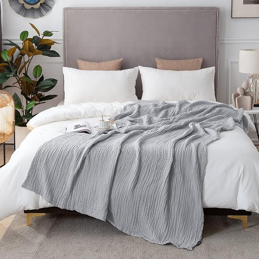 EMME Cotton Queen Size Bed Blanket, Soft Muslin, Lightweight, Breathable, All Season, 80"x90", Light Grey