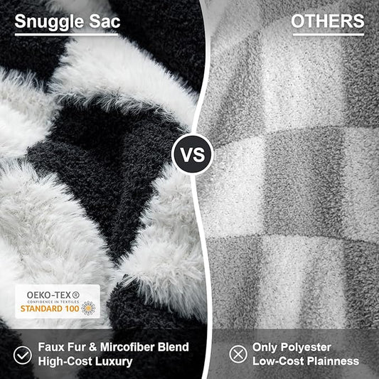 Snuggle Sac Faux Fur Throw Blanket for Couch,Black Checker Blanket, Cozy Soft Warm Blankets for Sofa, Bedroom, Living Room, Black Checker,50x60 inches