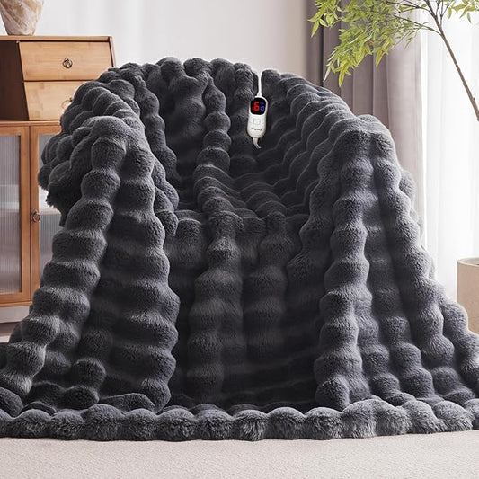 Heated Blanket Throw with 1/2/4/6/8 Hours Auto-Off 10 Heat Level, 62'' * 84'' Cozy Faux Rabbit Fur Bubble Electric Blanket with Overheat Protection(Dark Grey)