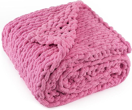 Chunky Knit Throw Blanket 60"X 80", 100% Handmade with Soft Chenille Yarn, 4.4lbs Thick Cable Knitted Blankets, Large Rope Knot Crochet Throws for Couch Sofa Bed Home Decor, Hot Pink