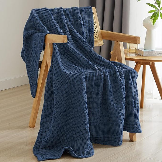 PHF 100% Cotton Waffle Weave Throw Blanket, Soft Lightweight Breathable Cozy Summer Throws for Couch Bed Sofa, Luxury Aesthetic Woven Blanket for Home Decor & Office, 50"x60", Bright Navy