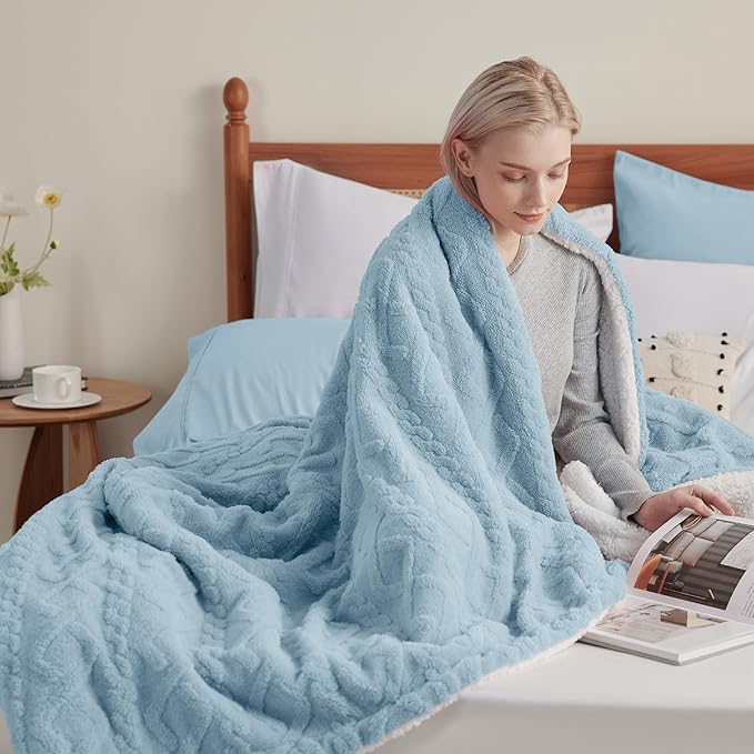 Bedsure Sherpa Fleece Throw Blanket for Couch - Fuzzy Soft Cozy Cable Throw for Women, Thick Warm Blanket for Winter, Blue, 50x60 Inches