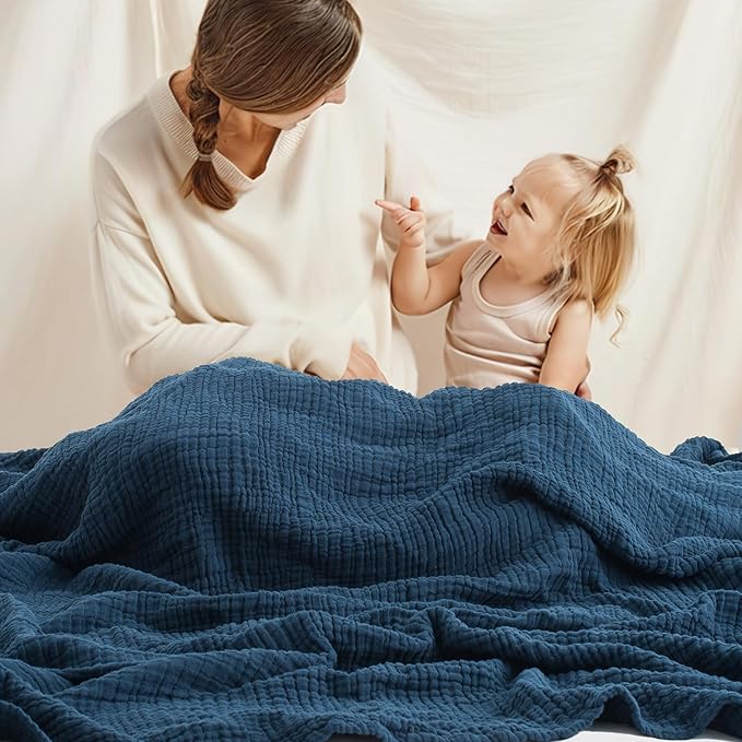 Carriediosa 100% Cotton Muslin Throw Blanket 90" X 90" Queen Size，4-Layers Summer Gauze Throws for Bed Couch，Soft Lightweight Breathable Linen Blankets Bedspread for Adults All Season，Navy Blue