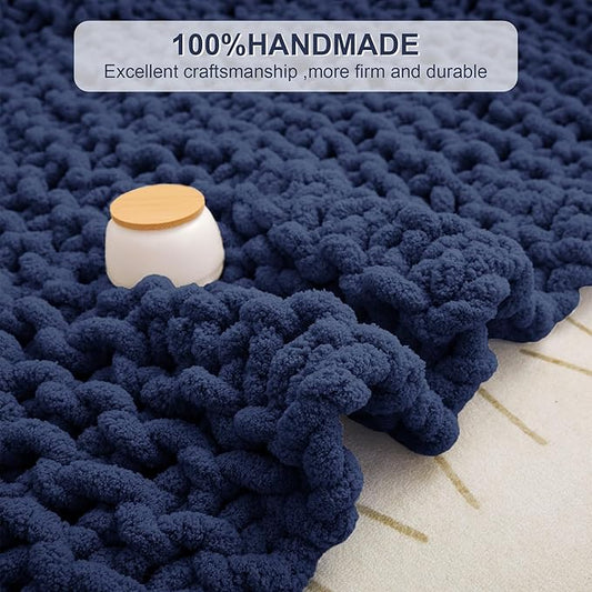 Knit Blanket 40"x50" Navy Blue Cream Soft Washable Chenille Throw Blanket Cozy 100% Handmade Crochet Blankets with Jumbo Chenille Yarn for Couch Bed Sofa Room Decor