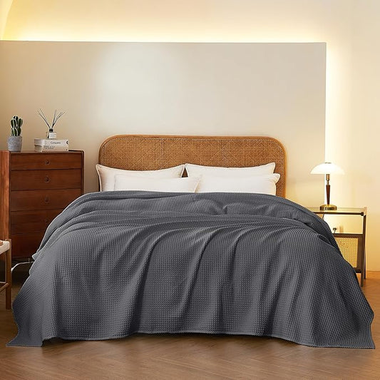 100% Cotton Waffle Blanket (Charcoal - Twin Size - 66 * 90''), Pre-Washed and Anti-Shrinkage Soft Lightweight Bed & Couch Blanket, 380 GSM Waffle Weave Throw Blanket for All Seasons