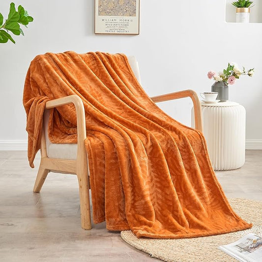 SOCHOW Super Soft Flannel Fleece Fall Throw Blanket, Lightweight Cozy Warm Leaves Textured Plush Blanket for Bed Couch Sofa, 60 x 80 Inches, Orange