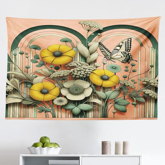Ambesonne Boho Tapestry, Springtime Greenery with Boho Vibes Moth on Coral Tone Back Curving Stripes, Fabric Wall Hanging Decor for Bedroom Living Room Dorm, 45" X 30", Salmon Reseda Green