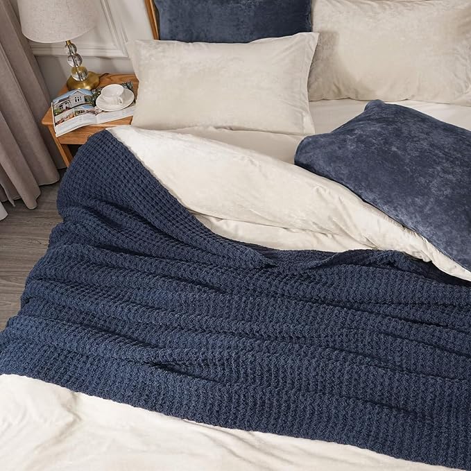 PHF Chenille Waffle Knit Blanket Twin Size- Plush Warm & Cozy 60" x 80" Ultra Soft Blanket- Chunky Fluffy Waffle Bedding for Home Decor - Navy Blue