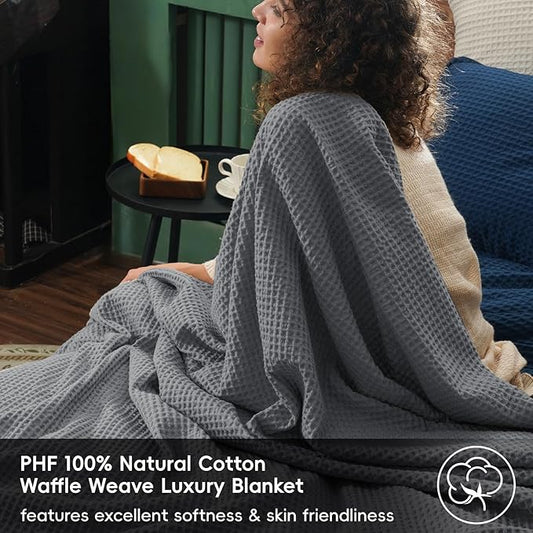 PHF Pre-Washed Cotton Waffle Weave Blanket Queen Size for Bed,Snag Proof Throw Blanket for Couch Spring Summer Lightweight Breathable,Oeko-TEX Certified,Machine Washable, Home Decor Gift，Charcoal