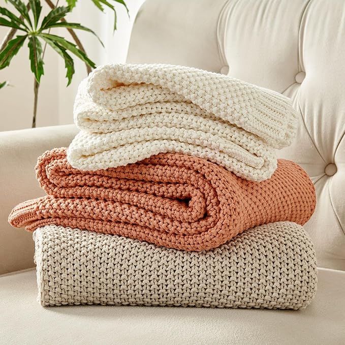 Joydeco Chunky Cable Knit Throw Blanket, Lightweight 100% Cotton Soft Cozy Throw Twin Blanket for Couch Bed and Sofa, Rustic Breathable Farmhouse Blanket Gift for Women Men(Cream White, 60"x80")