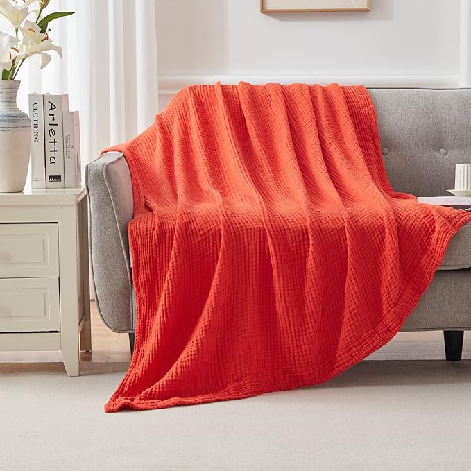 EMME Cotton Throw Blanket - 100% Muslin Soft, Breathable Gauze - All Season, Pre-Washed - Orange Rust, 55"x75"
