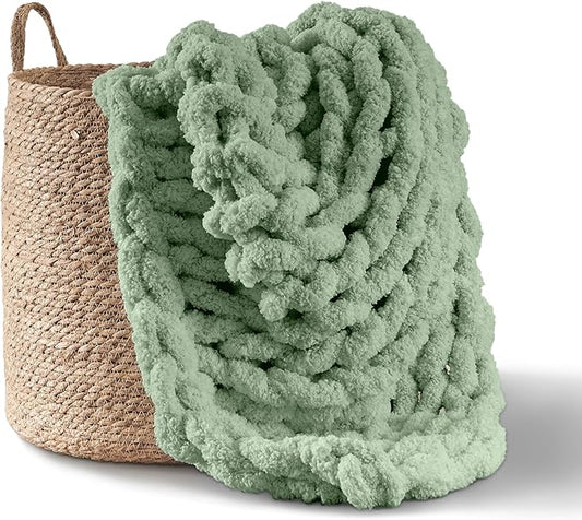 Adyrescia Chunky Knit Blanket Throw | 100% Hand Knit with Jumbo Chenille Yarn (50"x60", Sage Green)