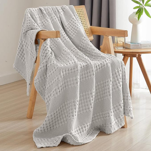 PHF 100% Cotton Waffle Weave Throw Blanket, Soft Lightweight Breathable Cozy Summer Throws for Couch Bed Sofa, Luxury Aesthetic Woven Blanket for Home Decor & Office, 50"x60", Light Grey