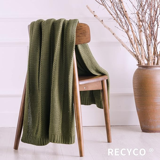 RECYCO Cable Knit Moss Green Throw Blanket for Couch, Super Soft Warm Cozy Decorative Knitted Throw Blanket 2.3LB for Bed, Sofa, Chair 50"x60"