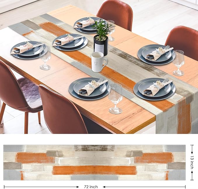 Emvency Farmhouse Table Runner, Modern Orange and White Abstract Art Painting for Kitchen Coffee Table Family Dinners Holiday Parties Wedding Events Decor(13x72 inch)
