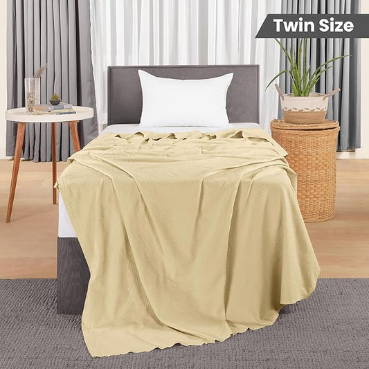 Utopia Bedding Tan 100% Cotton Blanket [Twin Size - 90x72 Inch] 350GSM Lightweight, Soft and Breathable Thermal Blanket for All Seasons