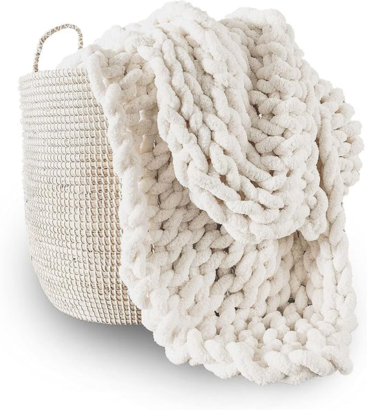 Adyrescia Chunky Knit Blanket Throw | 100% Hand Knit with Jumbo Chenille Yarn (40"x50", Cream White)